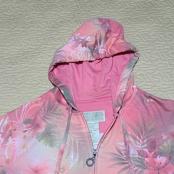 Green Tea Tropical Floral Rhinestone short sleeve hoodie size XL - Picture 5 of 9